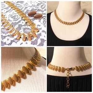 Vintage Plated Gold Enamel Necklace and Earring Set